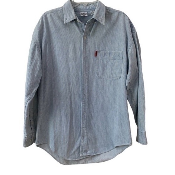 VINTAGE 90s Looney Tunes ACME Clothing Cotton Blue Pinstripe button down Medium - Picture 2 of 12